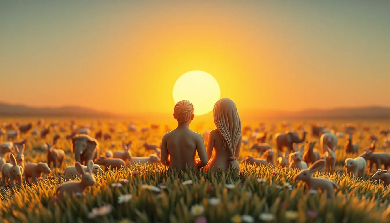 Animals of every kind across a golden plain, and the first man and woman sitting in the grass, seen from behind, facing the rising sun.