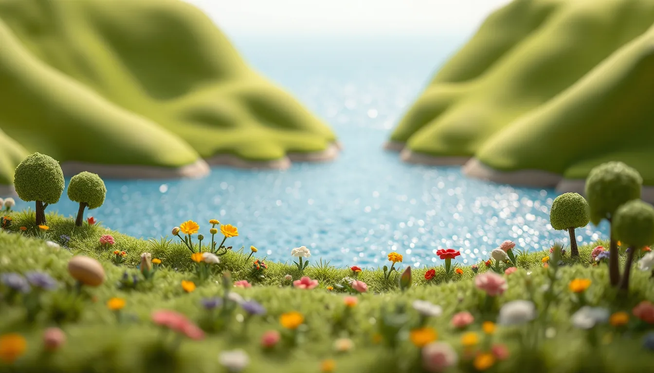 Green hills rising from the sea, covered in grass, flowers, and trees heavy with fruit.