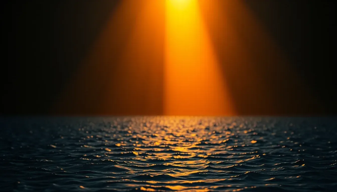 A great beam of golden light breaking through the darkness onto the deep water: the first day of creation.