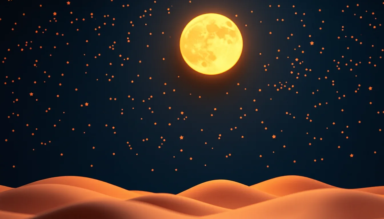 A night sky full of stars with one big glowing moon over quiet hills.