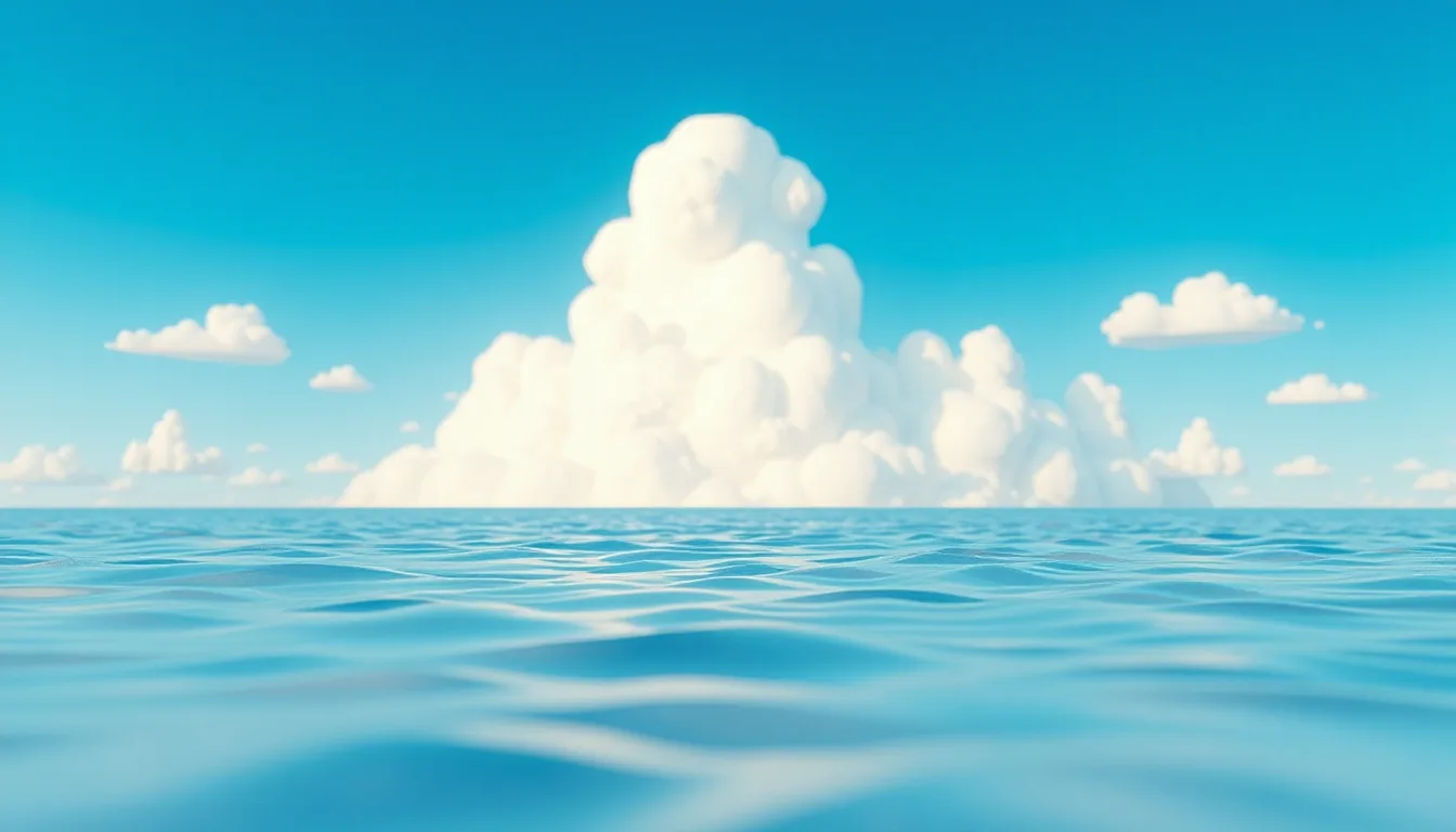 Nothing but open water below and a wide blue sky with white clouds above.